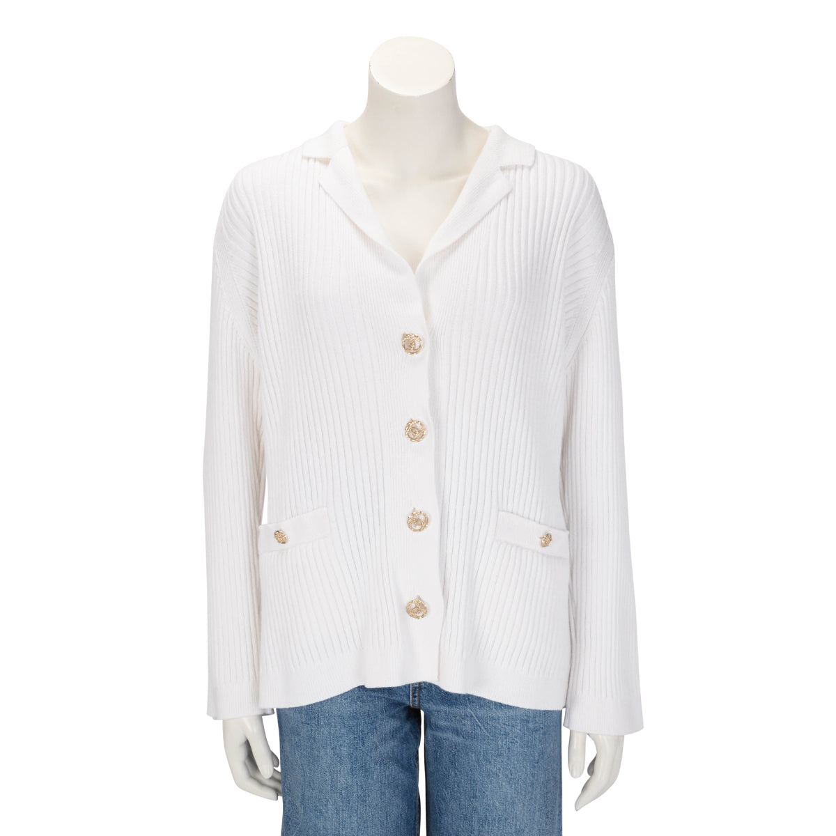 Chanel White Ribbed Cotton CC Long Cardigan FR 50