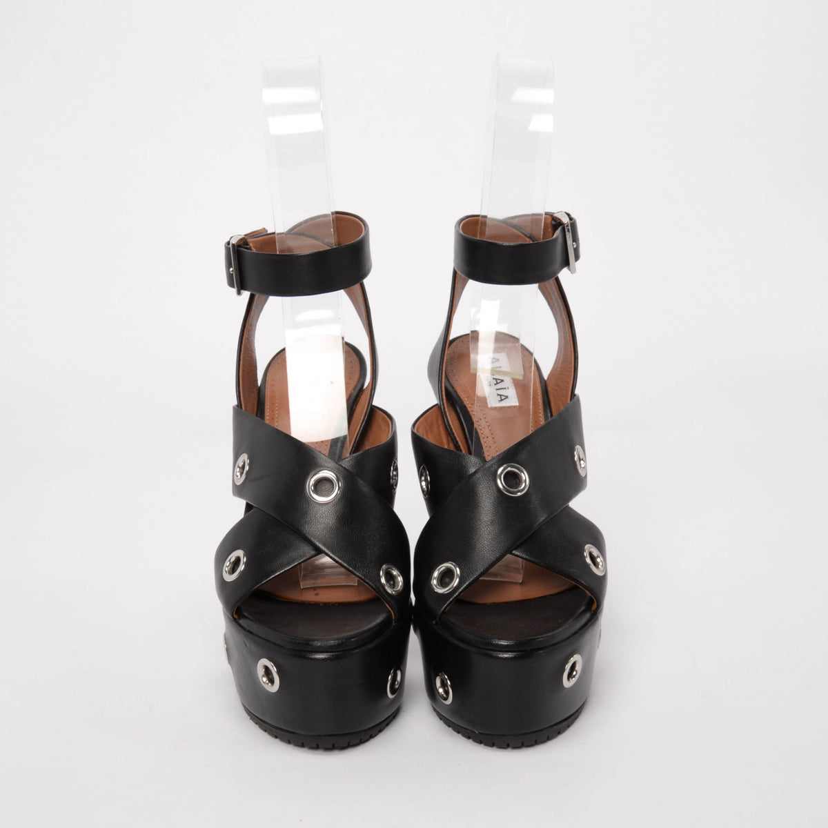 Alaia Black Leather Eyelet Embellished Platform Sandals 35