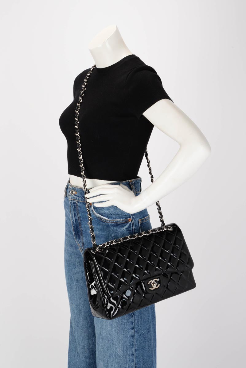 Chanel Black Quilted Patent Large Double Flap Bag