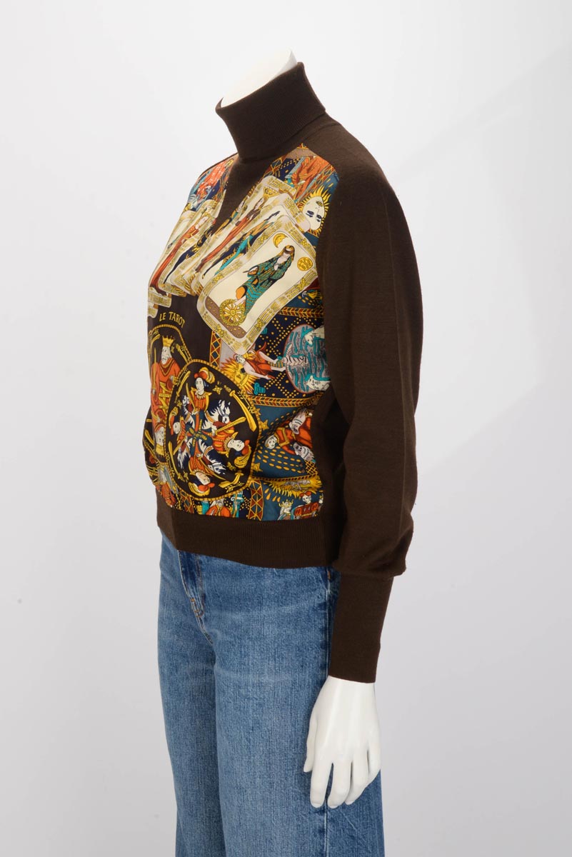 Hermes Brown Wool Le Tarot Silk Scarf Sweater FR 40