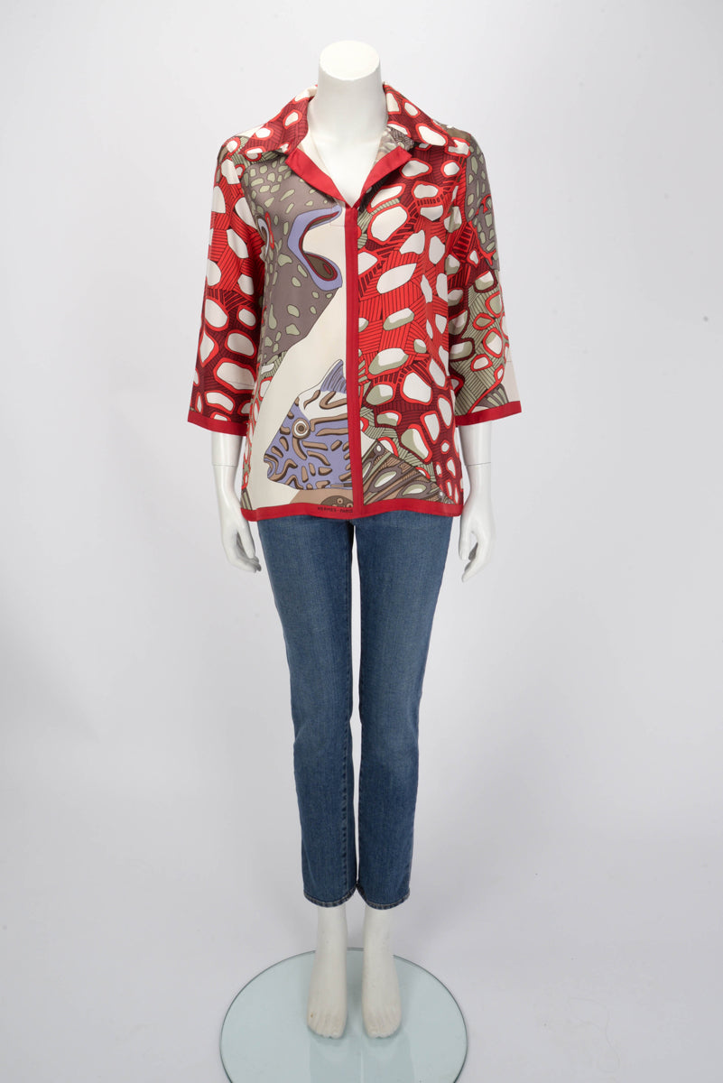Hermes Red Silk Grands Fonds II Blouse FR 38