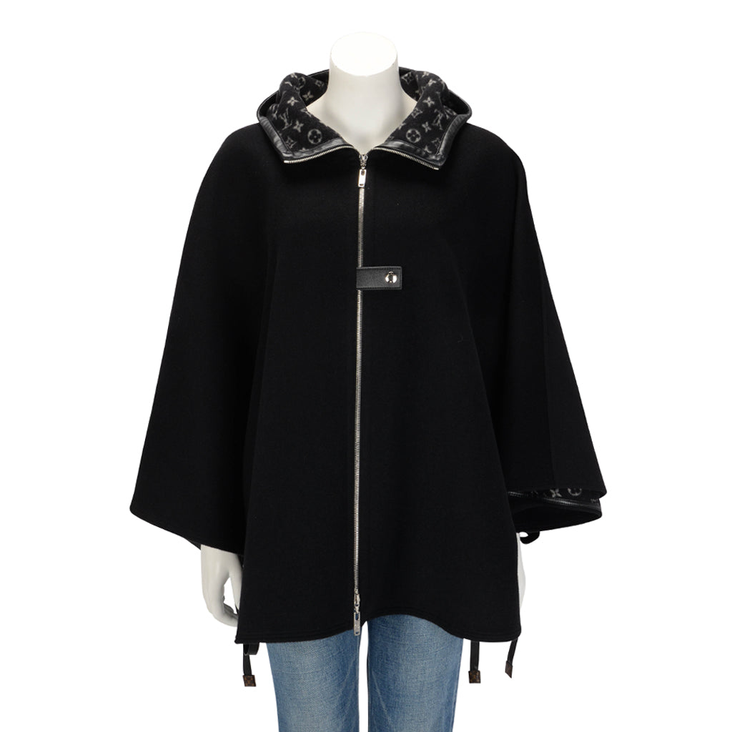 Louis Vuitton Black Wool Monogram Hooded Cape FR 36