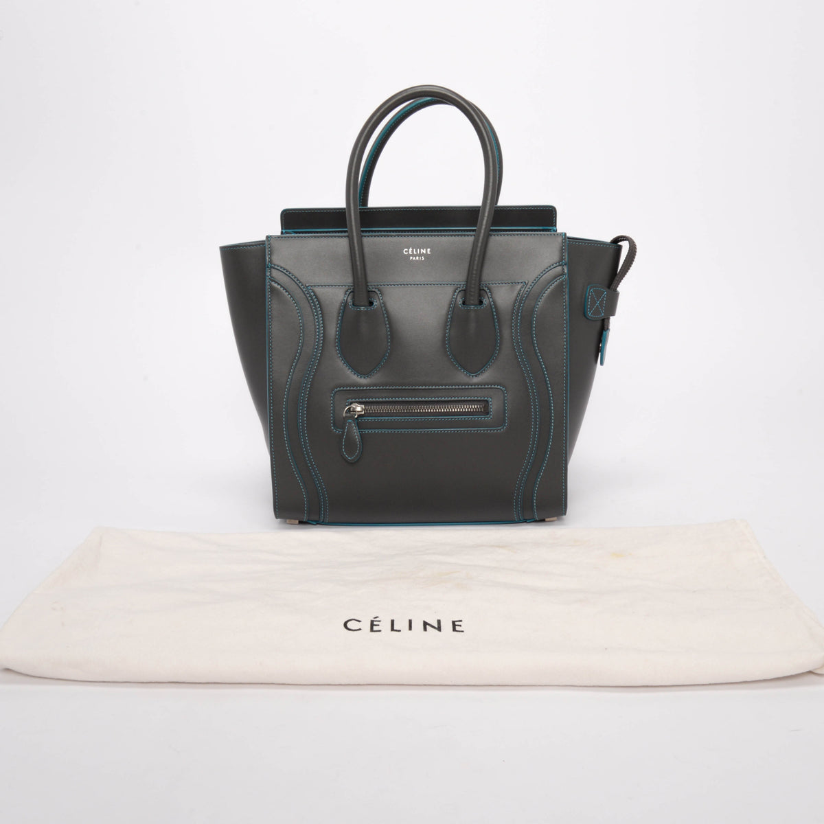 Celine Grey & Turquoise Smooth Calfskin Debossed Micro Luggage Tote