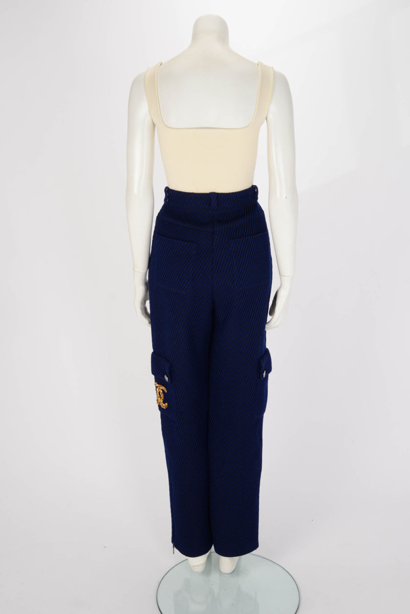 Chanel Blue & Black Wool Twill Gold Embroidered CC Pants FR 34