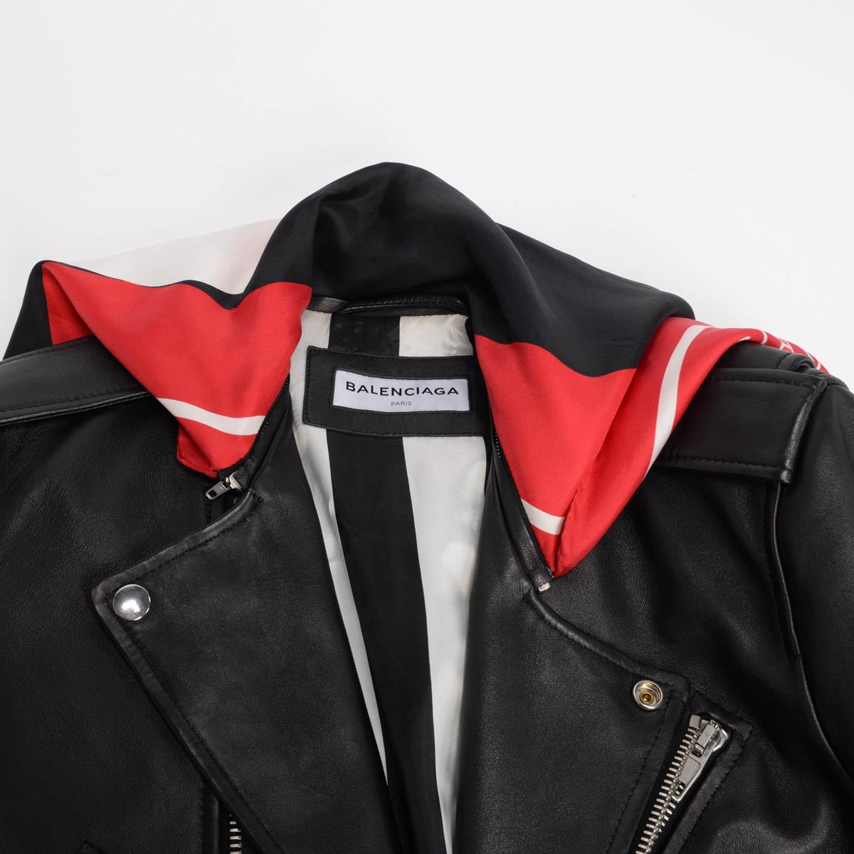 Balenciaga Black Lambskin Detachable Scarf Biker Jacket FR 40