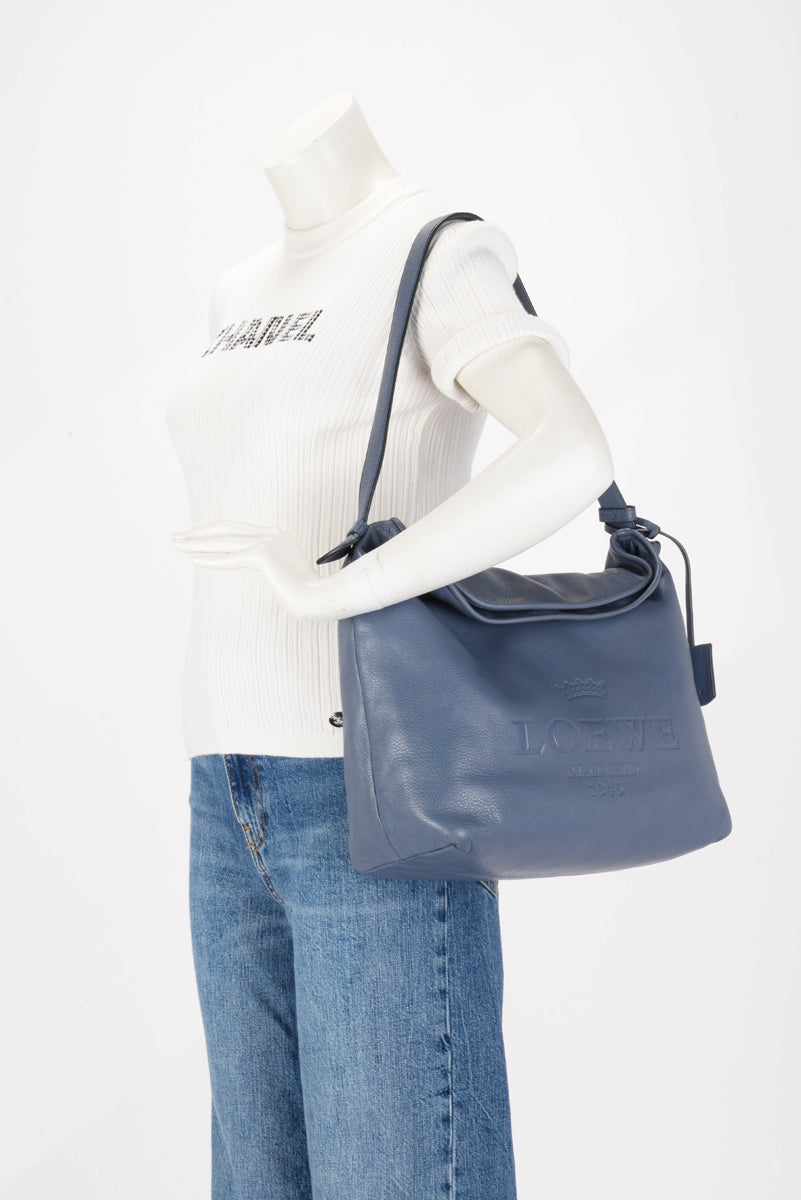 Loewe Blue Grained Calfskin Heritage Hobo Shoulder Bag