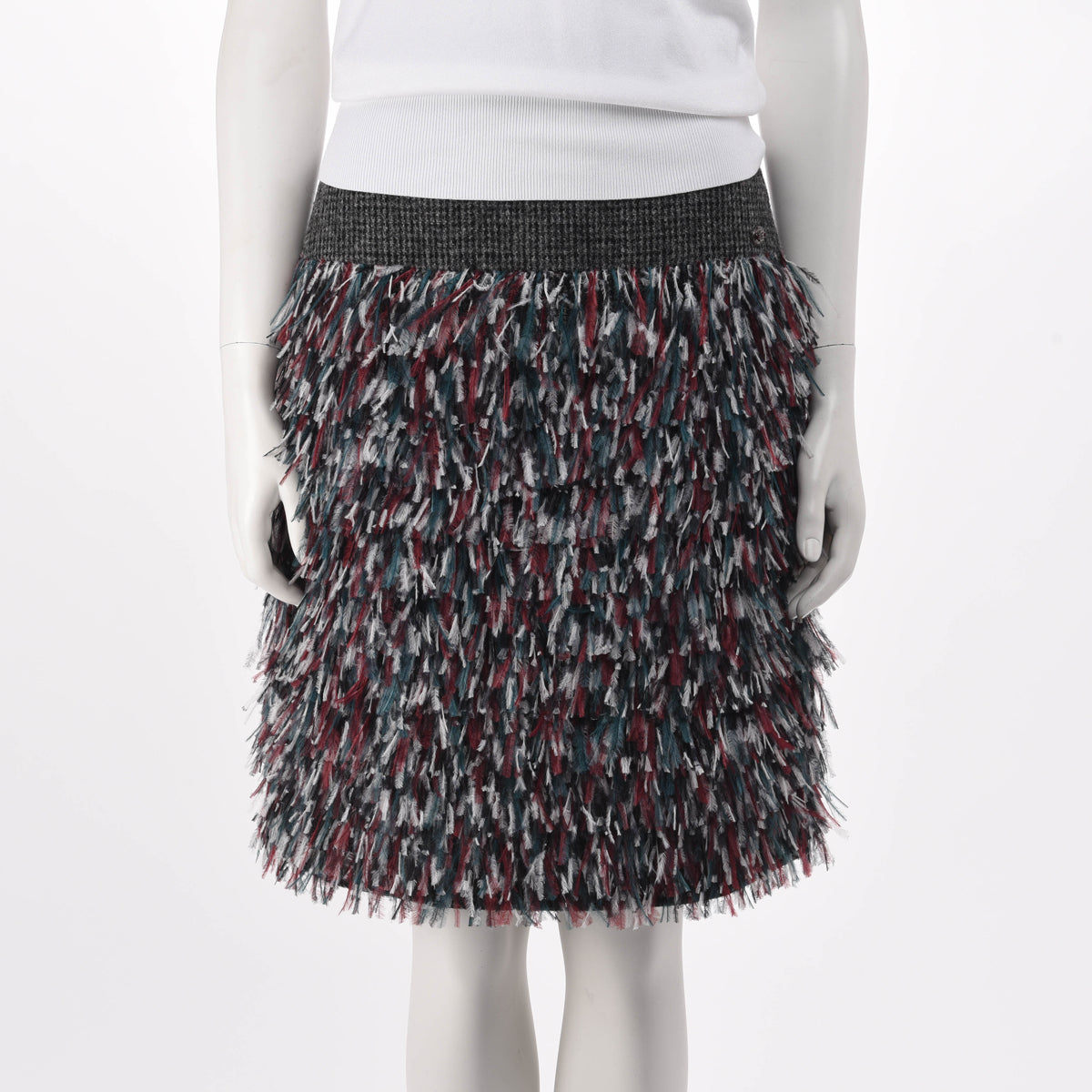 Chanel Grey Tweed & Ostrich Feather Midi Skirt FR 38