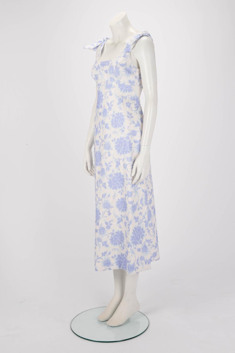 Zimmermann Blue Floral Linen Postcard Tie Shoulder Dress 0