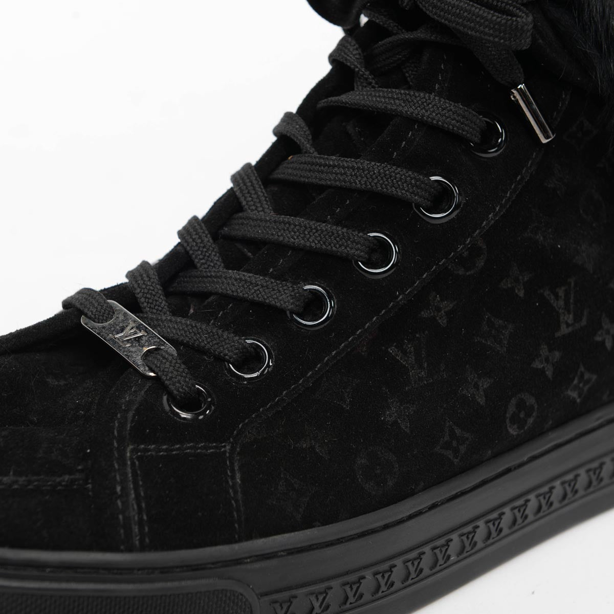 Louis Vuitton Black Monogram Suede & Fur Fold Over Sneakers 41