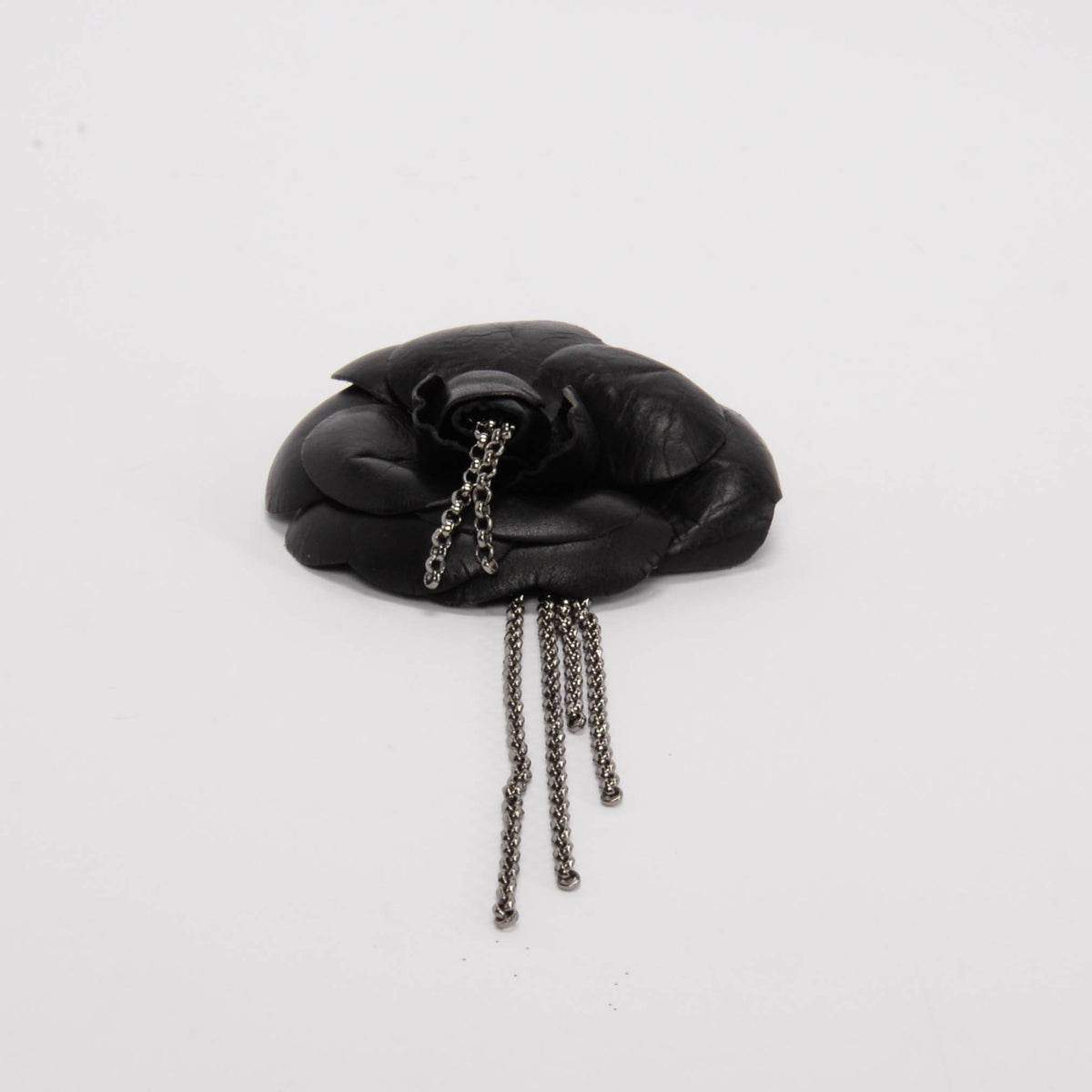 Chanel Vintage Black Leather Camellia Brooch with Chains