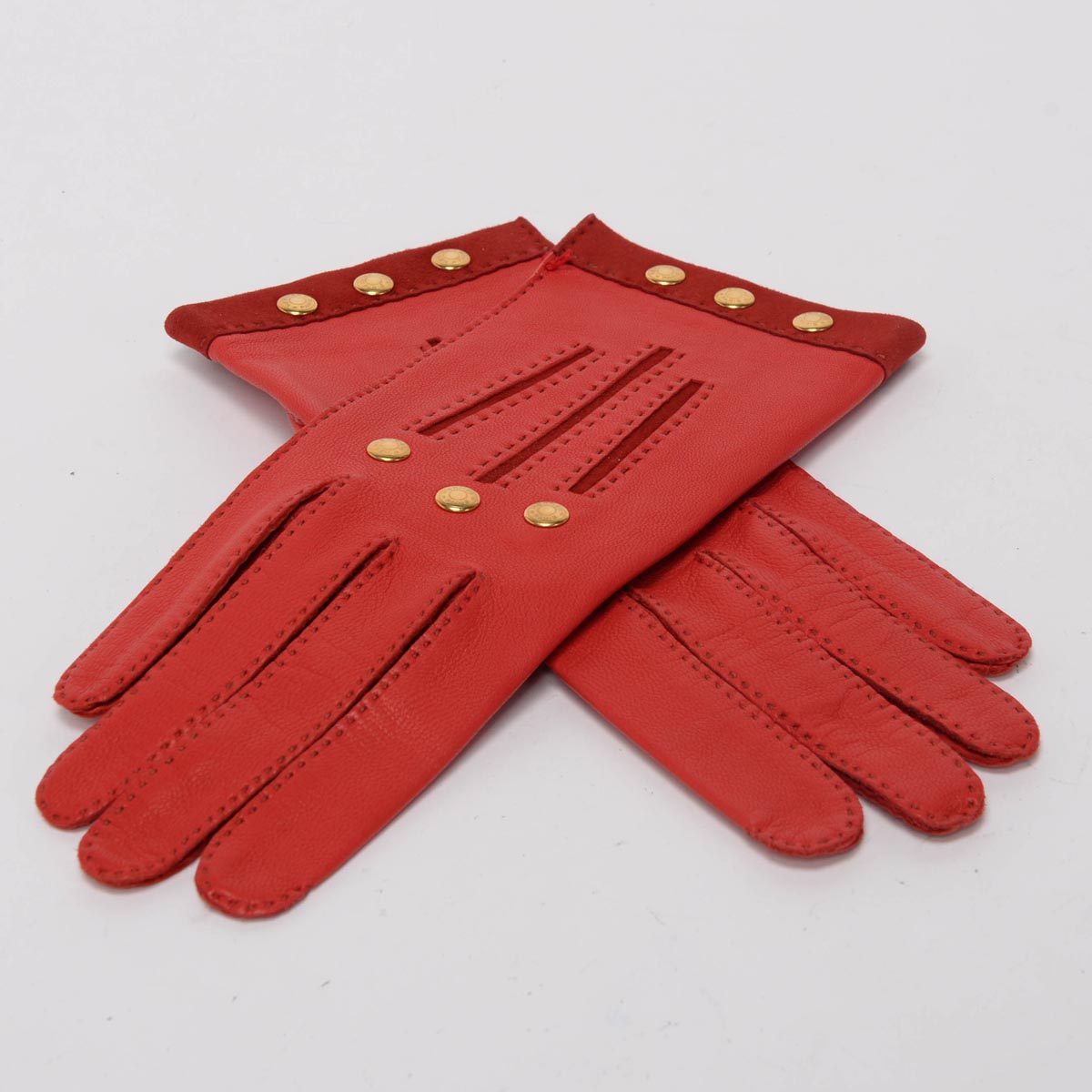 Hermes Red Lambskin Gold Clous De Selle Gloves