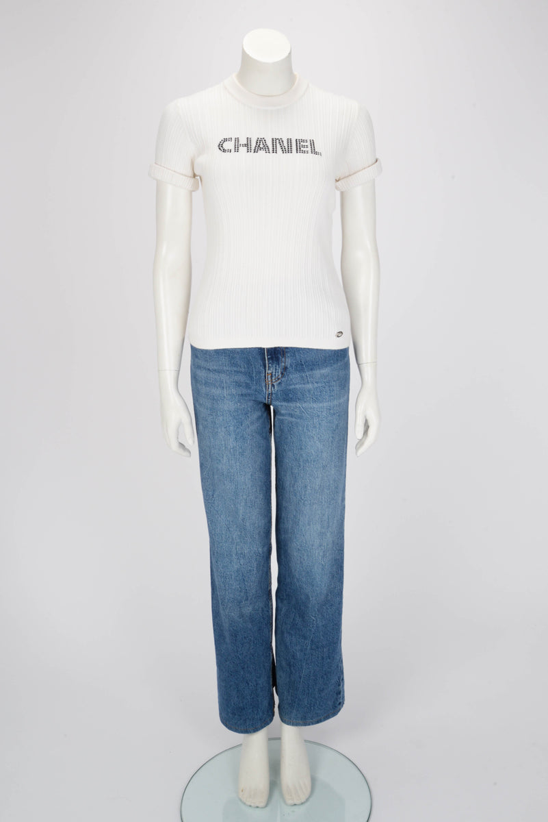 Chanel White Ribbed Cotton Logo Knit Top