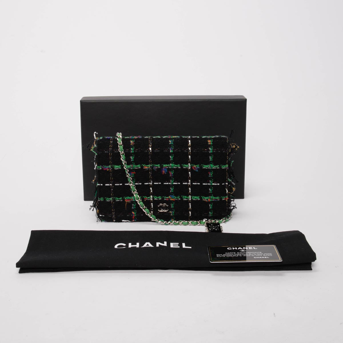 Chanel Black & Green Tweed Frayed Robot Wallet on Chain