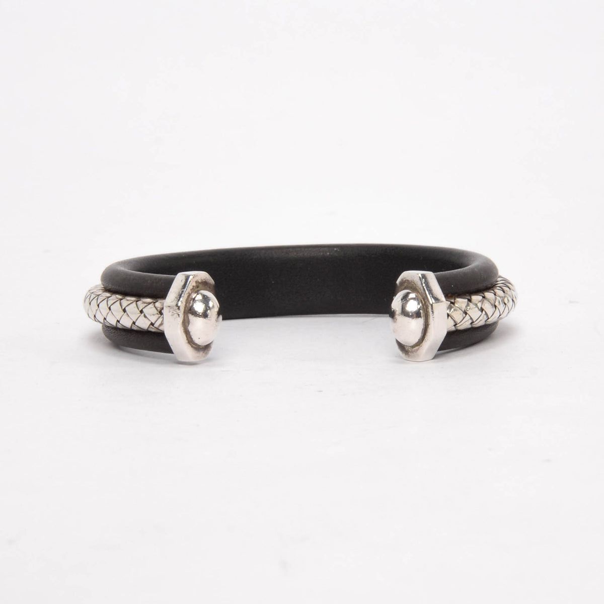 Bottega Veneta Black Leather & Silver Intrecciato Cuff