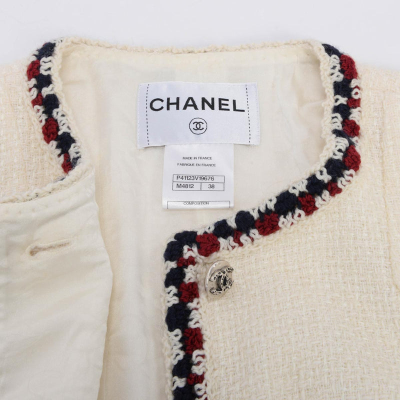 Chanel Cream Tweed Braided Trim Jacket FR 38 - Blue Spinach