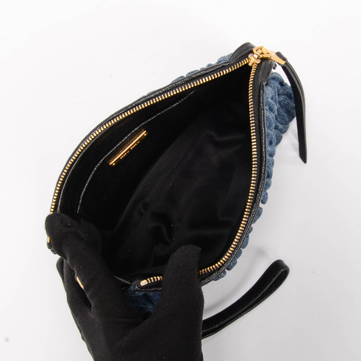 Miu Miu Washed Blue Matelasse Denim Wristlet Pouch