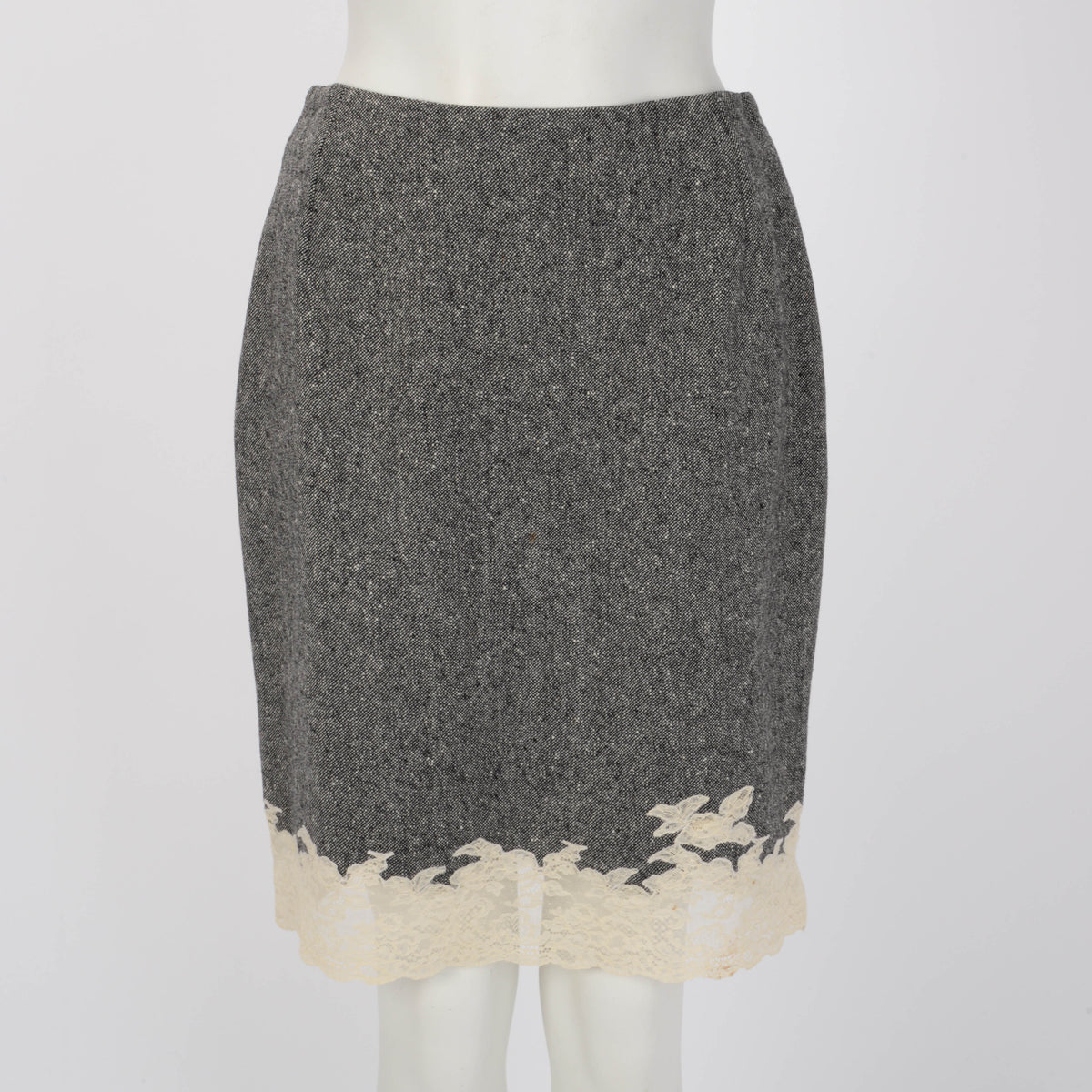 Dior Grey Wool Tweed Lace Trim Jacket & Skirt FR 40