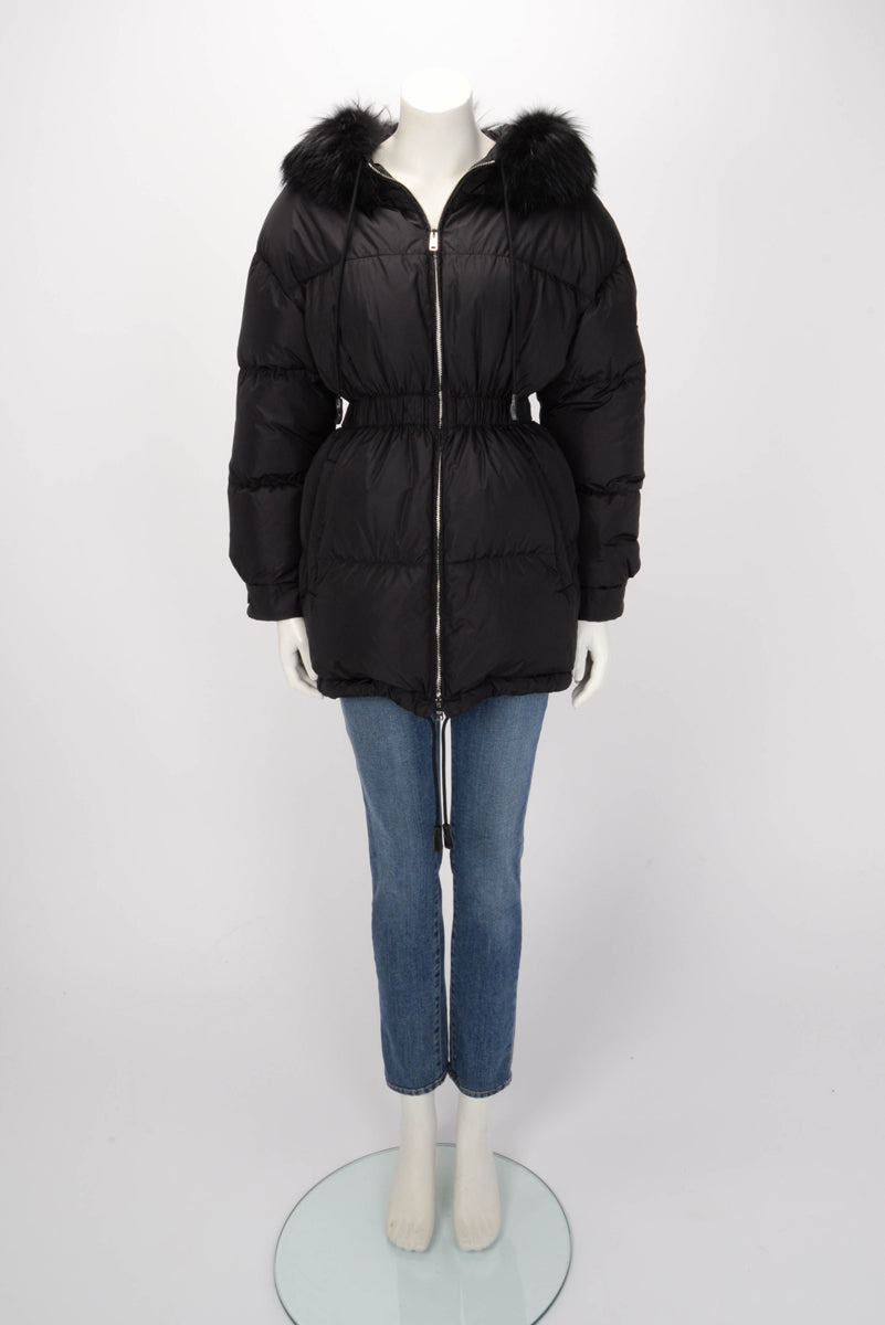 Prada Black Nylon & Fur Hooded Puffer Jacket IT 40