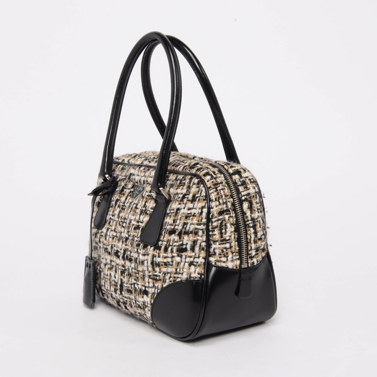 Prada Beige & Black Tweed & Vitello Mini Boston Bag