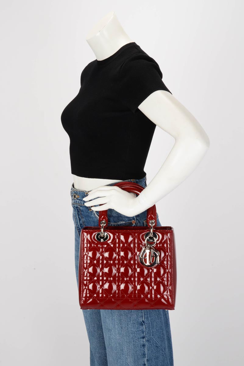 Dior Cherry Red Patent Cannage Medium Lady Dior Bag