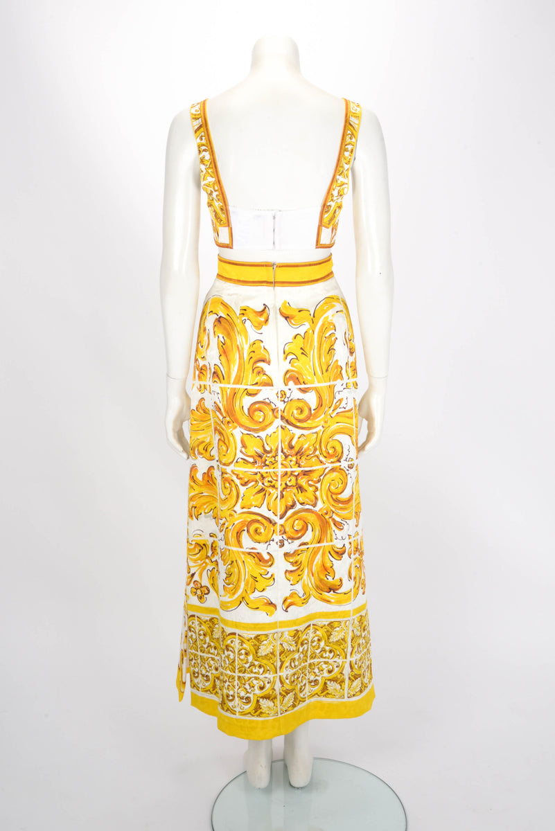 Dolce & Gabbana Yellow Cotton Majolica Print Top & Skirt Top: IT 40, Skirt: IT 3