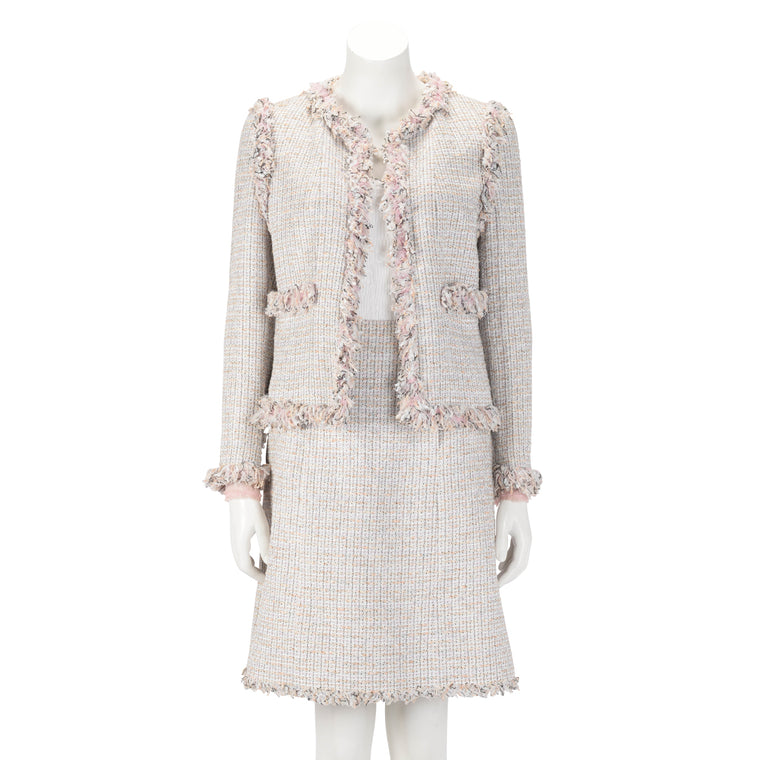 Chanel Pastel Fantasy Tweed Fringed Skirt Suit FR 42