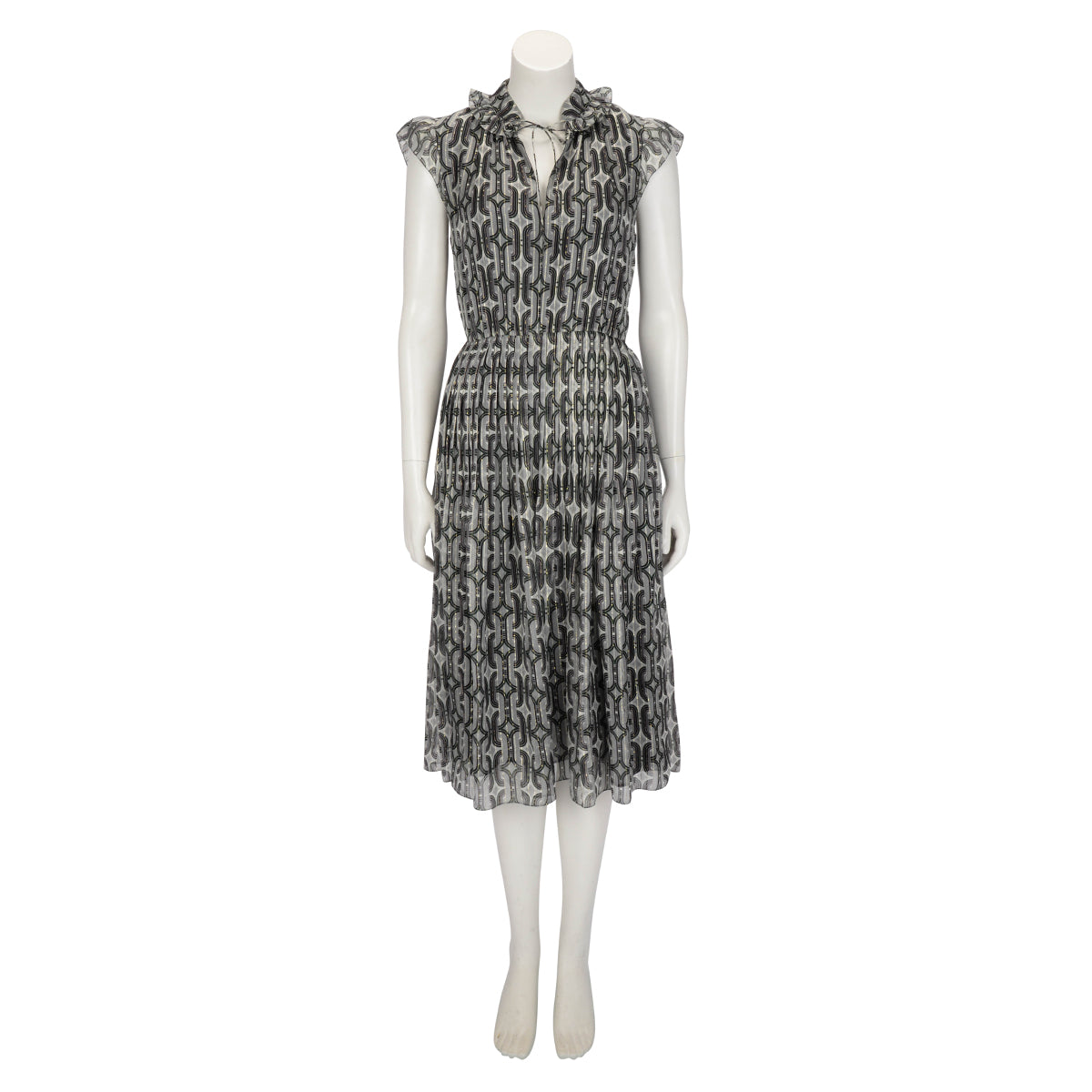 Celine Grey Silk Geometric Pattern Pleated Dress FR 36