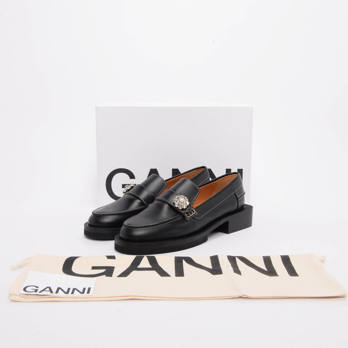 Ganni Black Leather Embellished Loafers 38