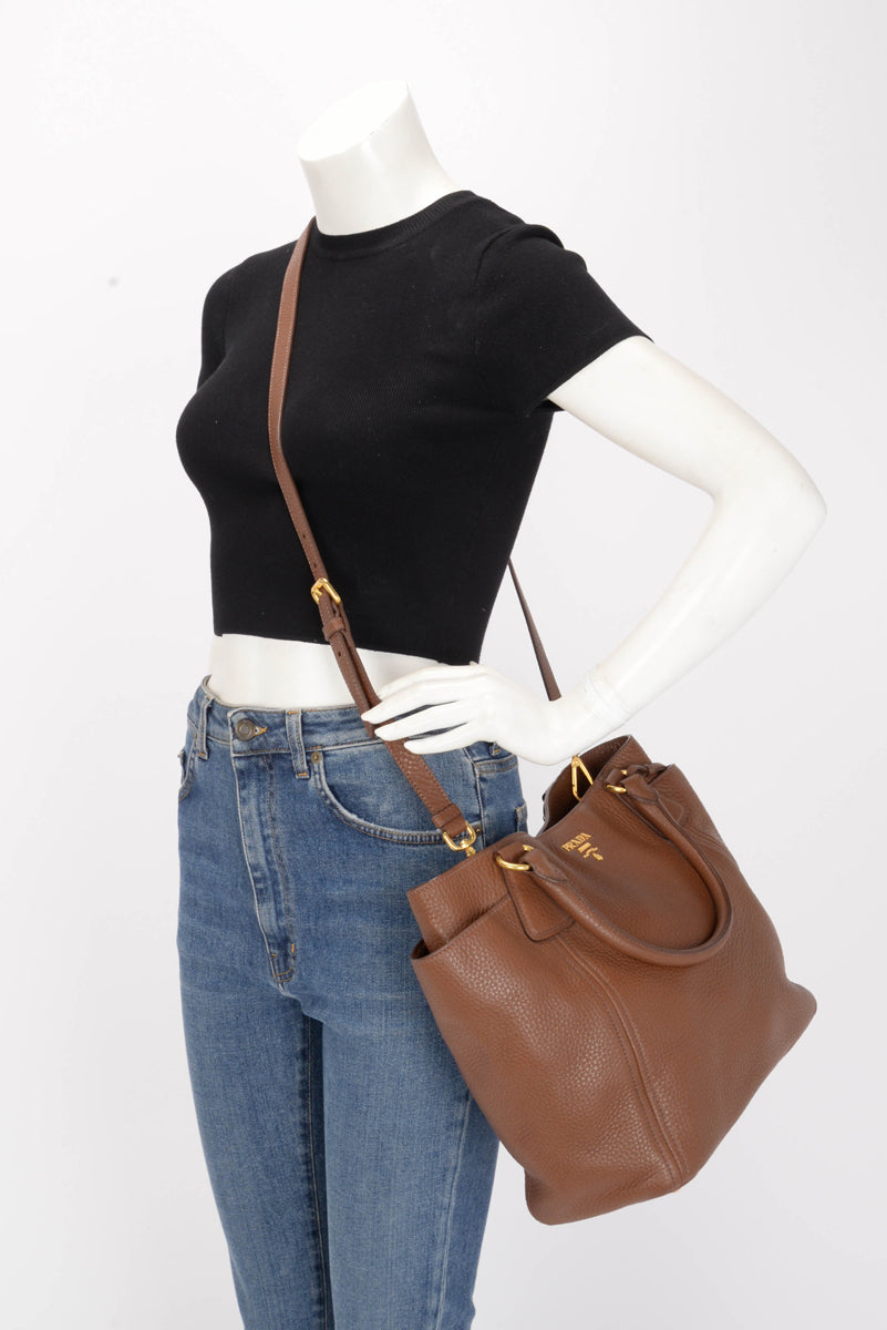 Prada Brown Vitello Daino Side Pocket Tote