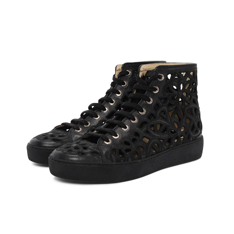 Chanel Black Camellia Cut-Out Sneakers 37