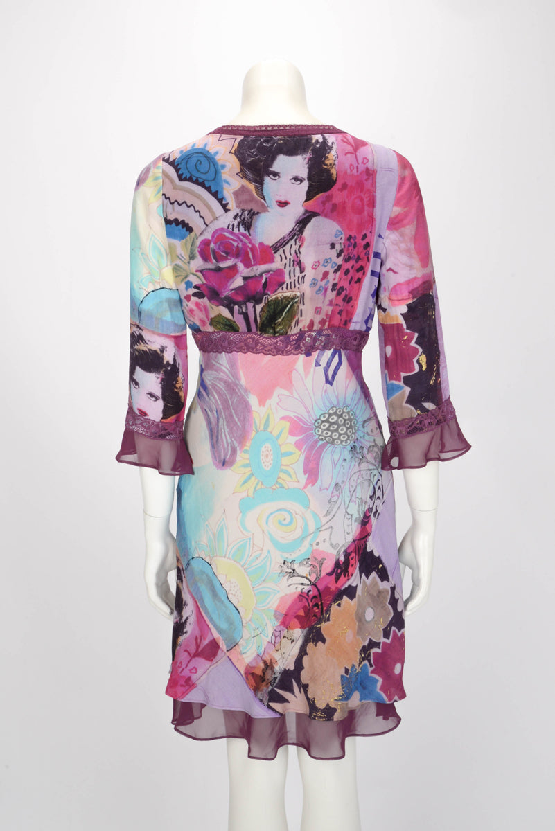 Galliano Purple Silk Logo V-Neck Dress IT 44