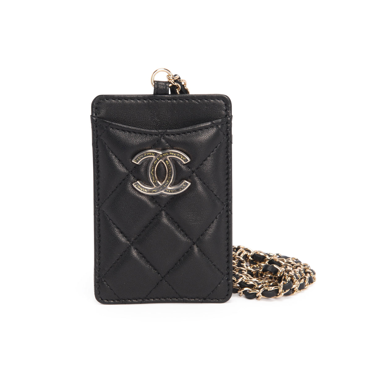 Chanel Black Lambskin Glitter CC Chain Card Holder