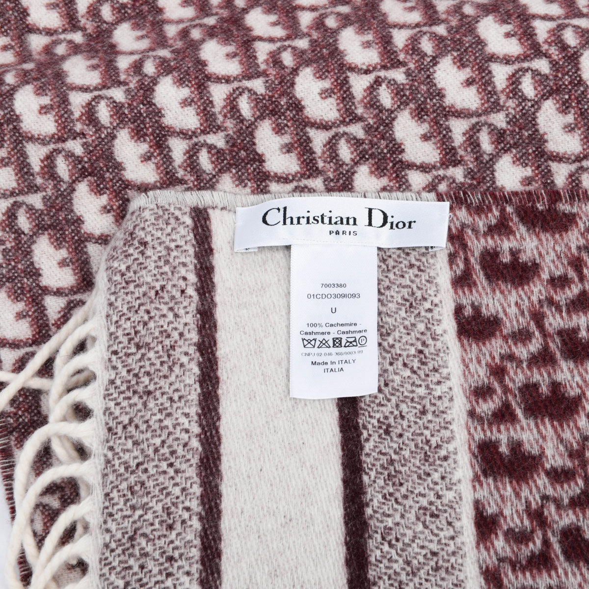 Dior Burgundy Cashmere Oblique Fringed Scarf