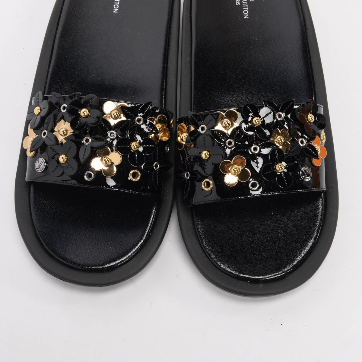 Louis Vuitton Black Patent Sunbath Flower Slides 40