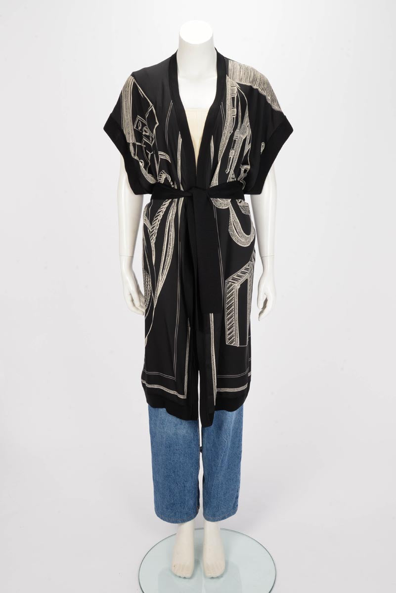 Hermes Black Silk Zouaves Et Dragons Finesse Long Cardigan FR 42