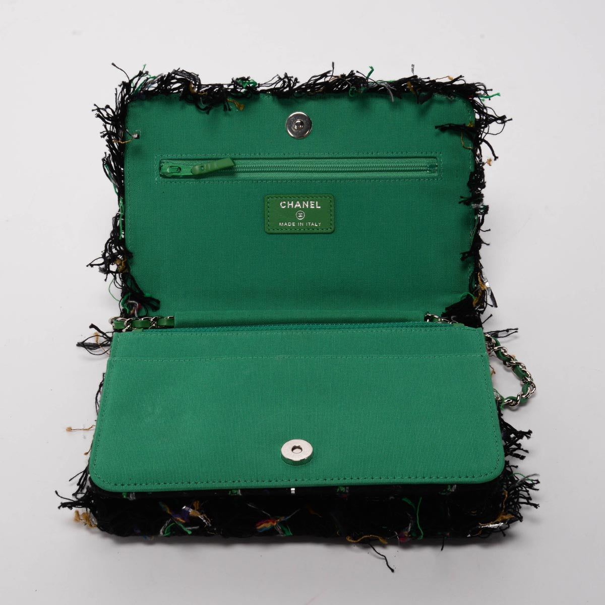 Chanel Black & Green Tweed Frayed Robot Wallet on Chain