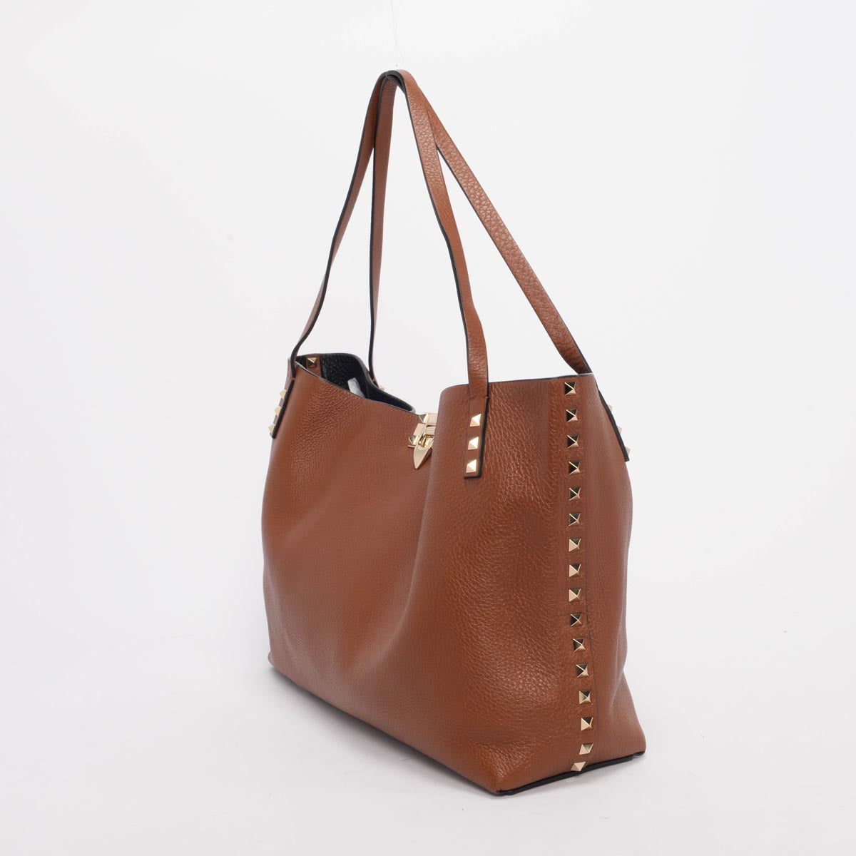 Valentino Cognac Grained Calfskin Medium Rockstud Flip Lock Tote