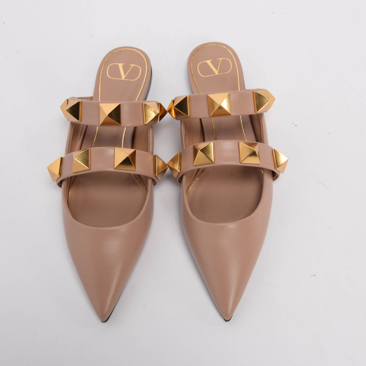 Valentino Rose Cannelle Calfskin Roman Stud Flats 38