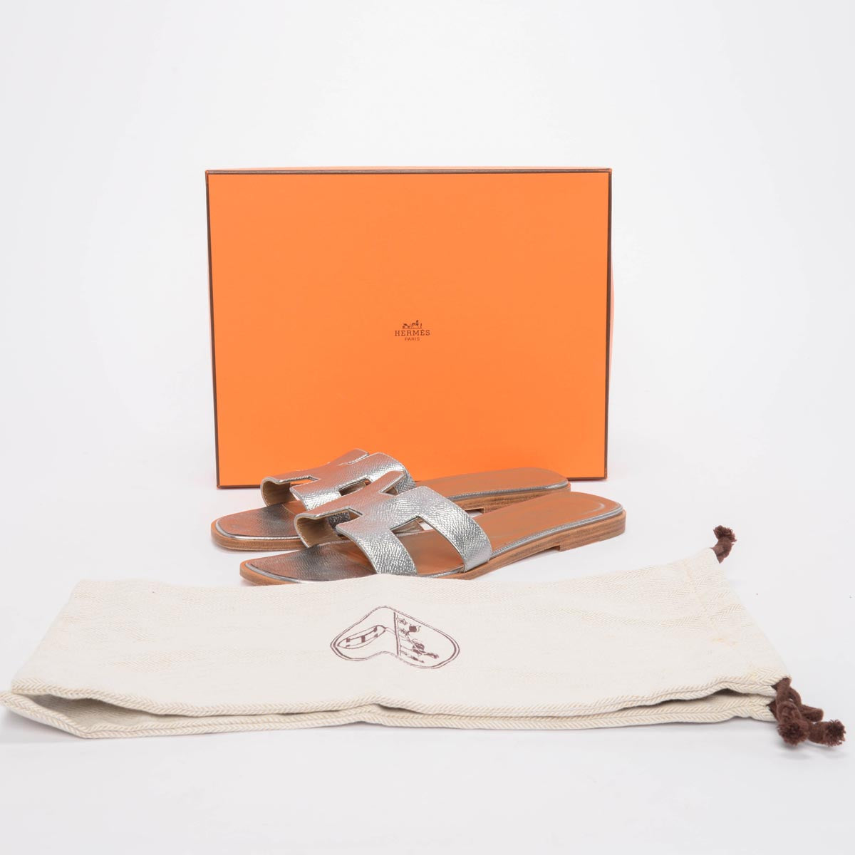 Hermes Silver Epsom Oran Sandals 40