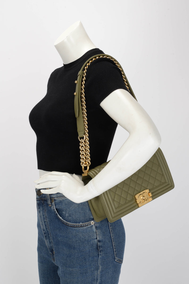 Chanel Khaki Green Quilted Caviar Old Medium Boy Bag