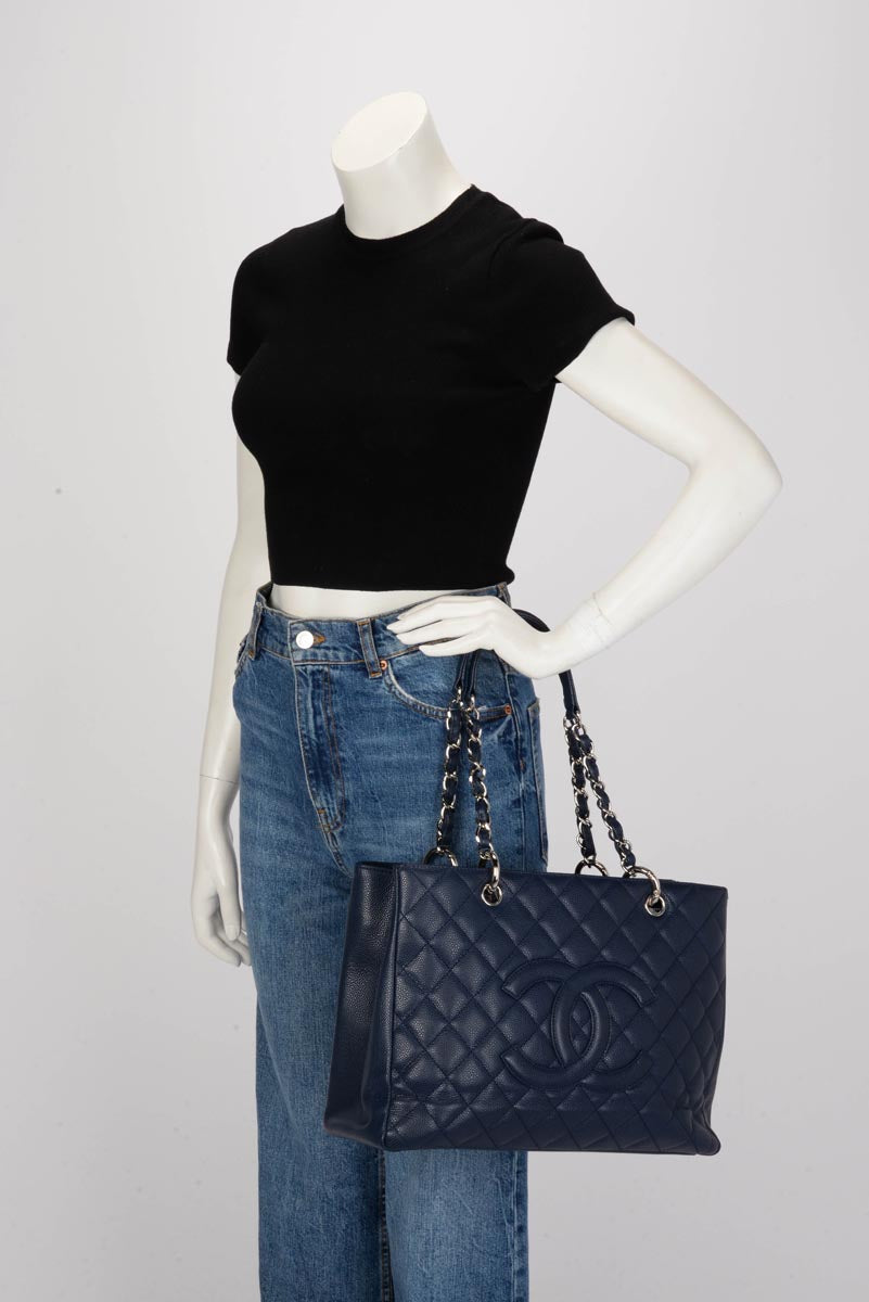 Chanel Navy Quilted Caviar Grand Shopping Tote