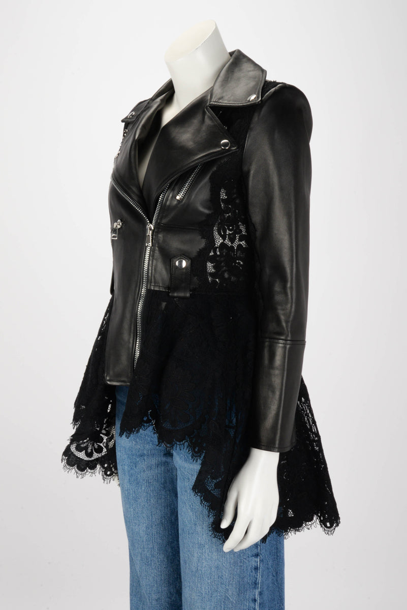 Alexander McQueen Black Leather & Lace Moto Jacket IT 40