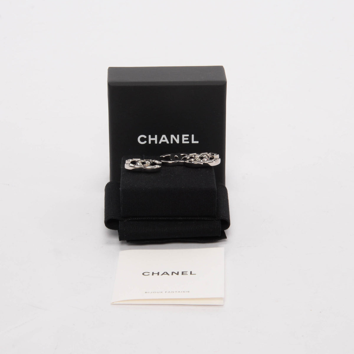 Chanel Silver Crystal Double CC Stud Earrings