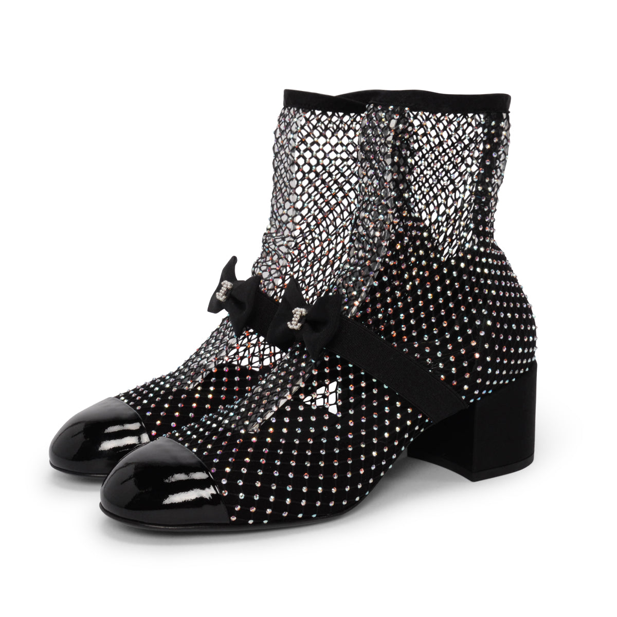 Chanel Black Crystal Net Mary Jane Short Boots 38.5