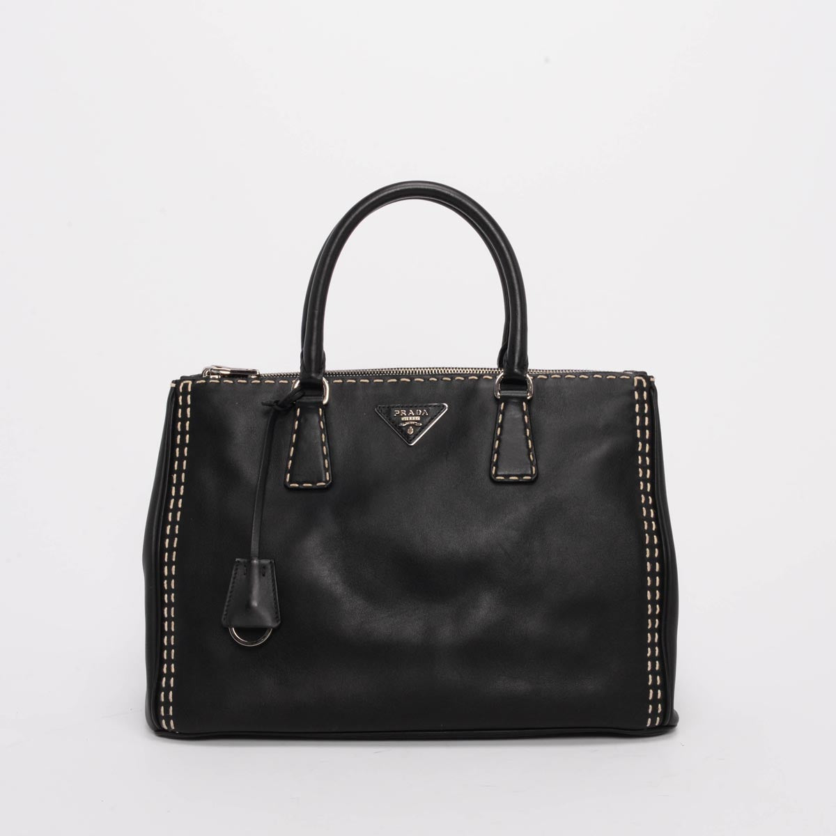 Prada Black Topstitched City Calf Medium Double Zip Tote