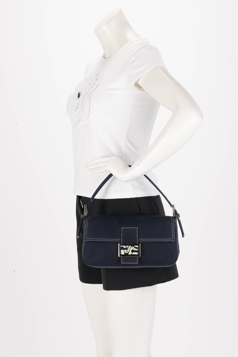 Fendi Navy Cotton Drill Enamel Clasp Baguette Bag