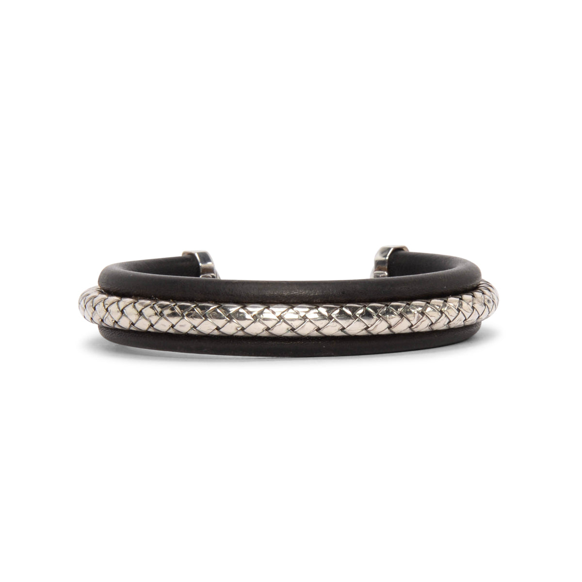 Bottega Veneta Black Leather & Silver Intrecciato Cuff
