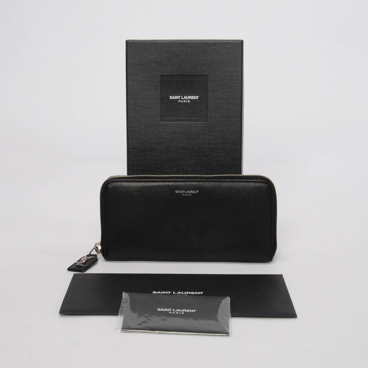 Saint Laurent Black Grained Leather Zip Around Wallet