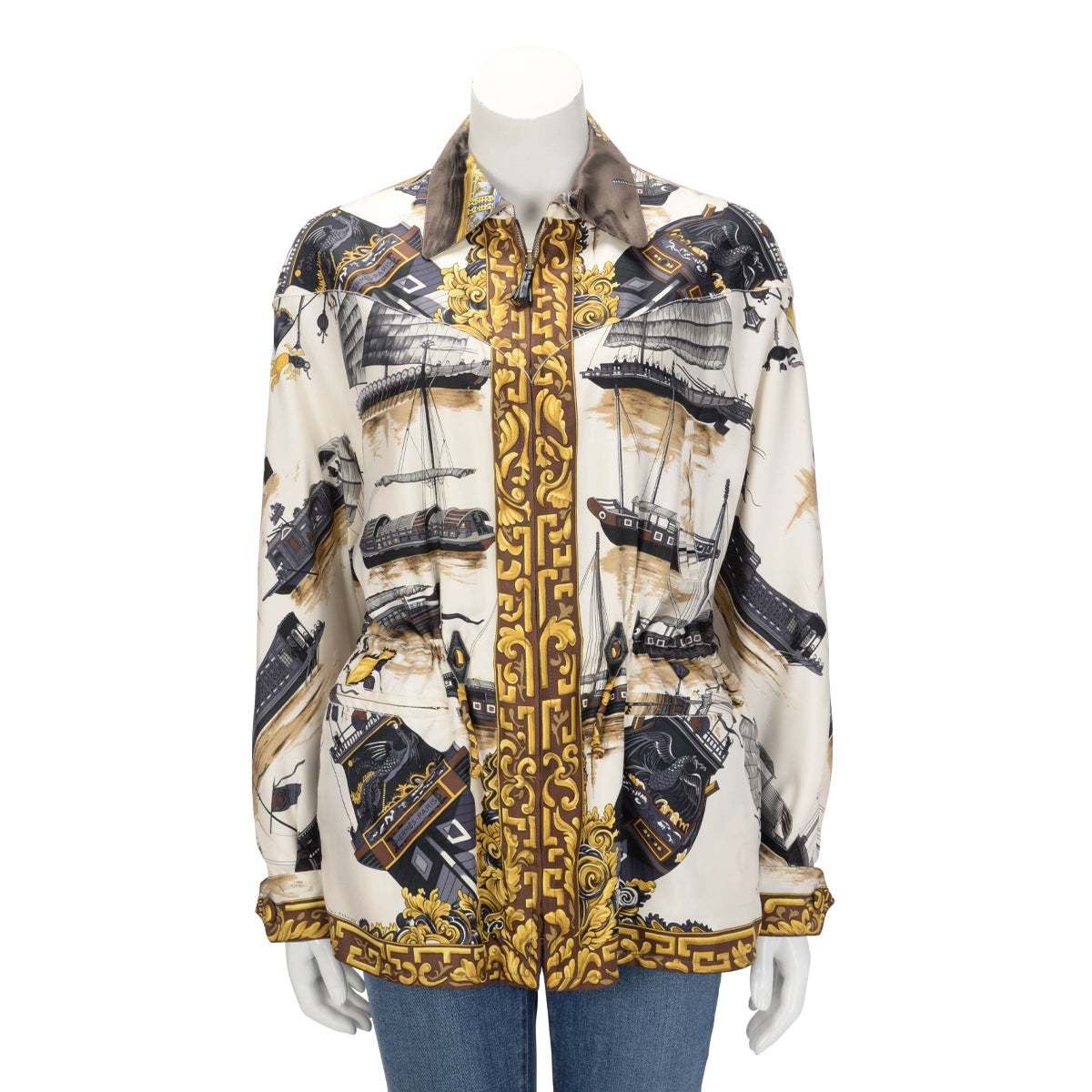 Hermes Brown & Cream Silk Jonques et Sampans Reversible Jacket FR 40