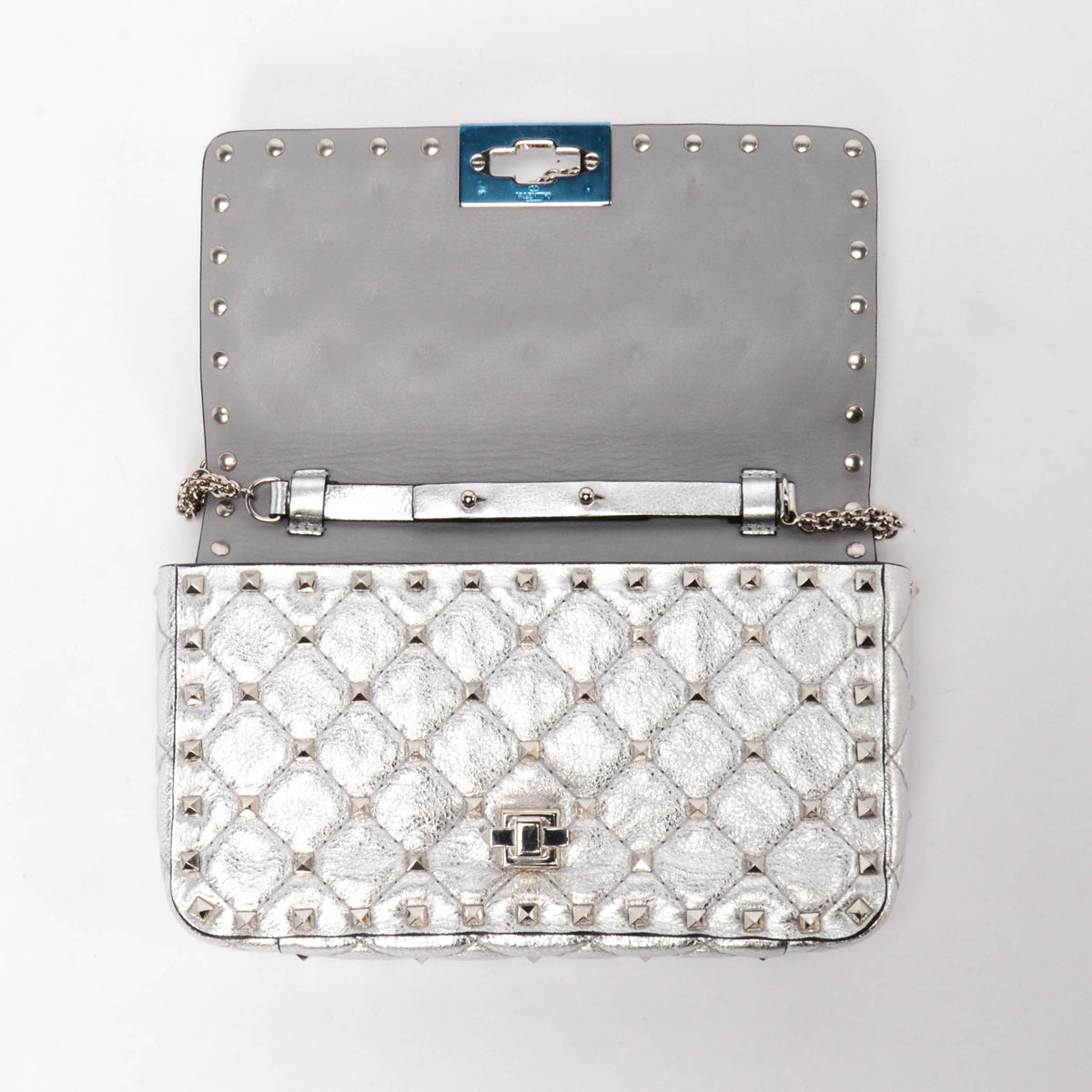 Valentino Silver Lambskin Rockstud Spike Wallet on Chain
